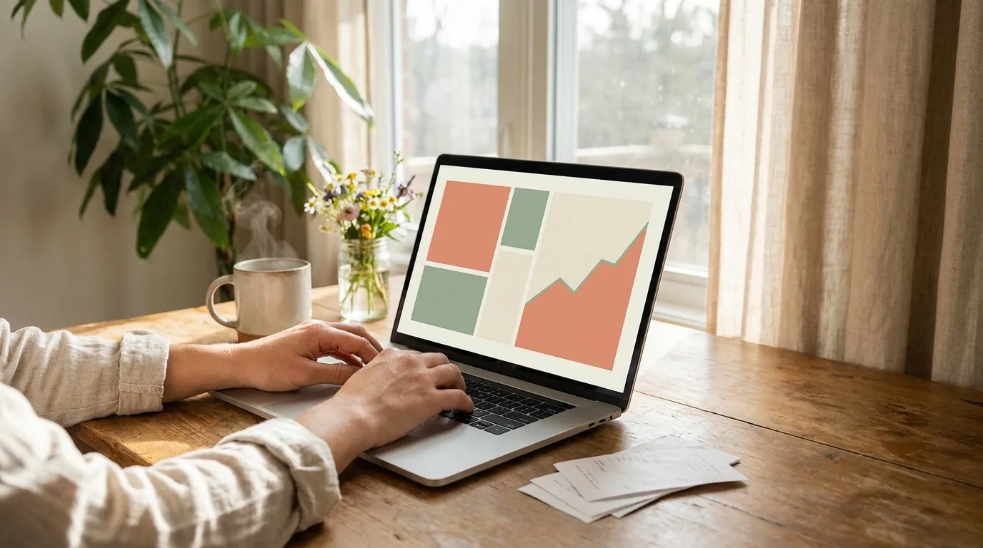 Mani che digitano su un laptop che mostra una dashboard finanziaria astratta senza parole, accanto a una tazza di caffè, ricevute di carta e una pianta da appartamento su una scrivania di legno