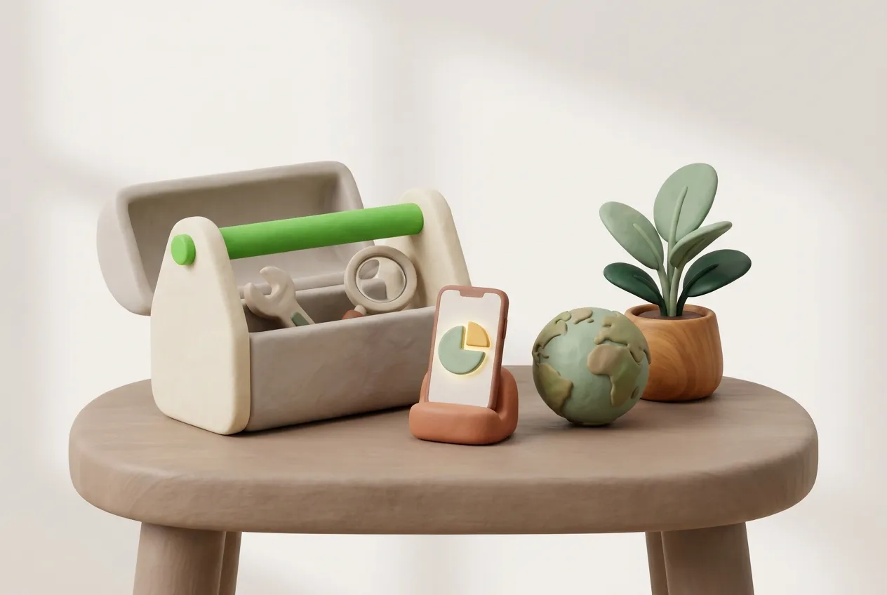 Illustrazione in clay di una cassetta degli attrezzi, uno smartphone che mostra un grafico e un piccolo mappamondo su un tavolo di legno, che rappresenta l'ecosistema di strumenti per la contabilità in testo semplice