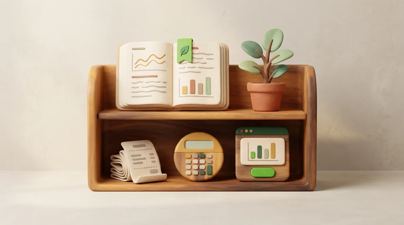 Illustrazione in clay di uno scaffale in legno che espone una collezione curata di tesori della contabilità in testo semplice: un registro aperto, ricevute di carta, una calcolatrice e un terminale che mostra grafici