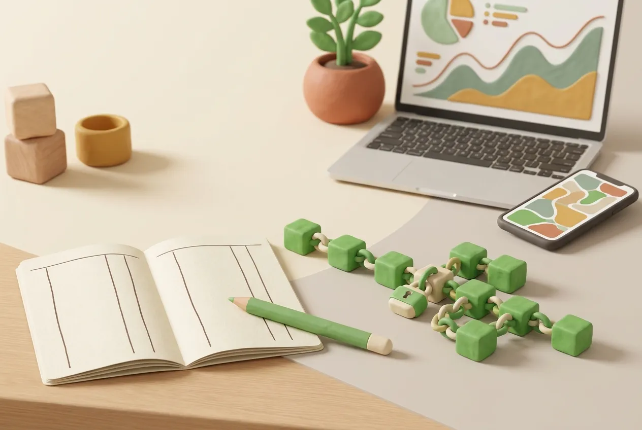 Illustrazione in clay di un registro contabile aperto con una matita accanto a una catena di blocchi verdi che rappresentano registrazioni finanziarie versionate