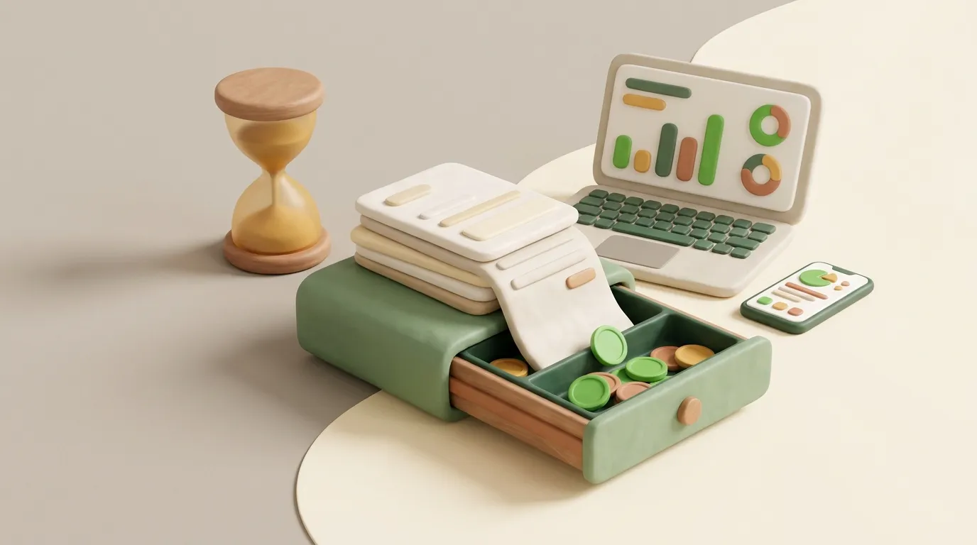 Hourglass beside invoices flowing into a cash drawer with blank coin discs.