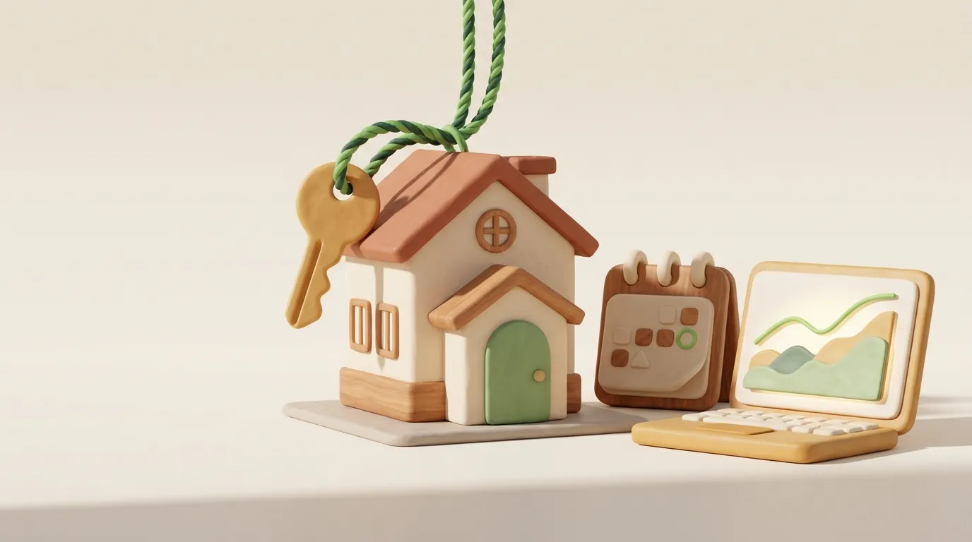 Casa in miniatura con una chiave e un laptop che mostra un grafico in aumento.