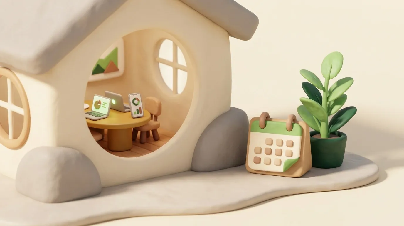 Casa di argilla con un piccolo tavolo da riunione visibile attraverso una finestra accanto a un calendario.