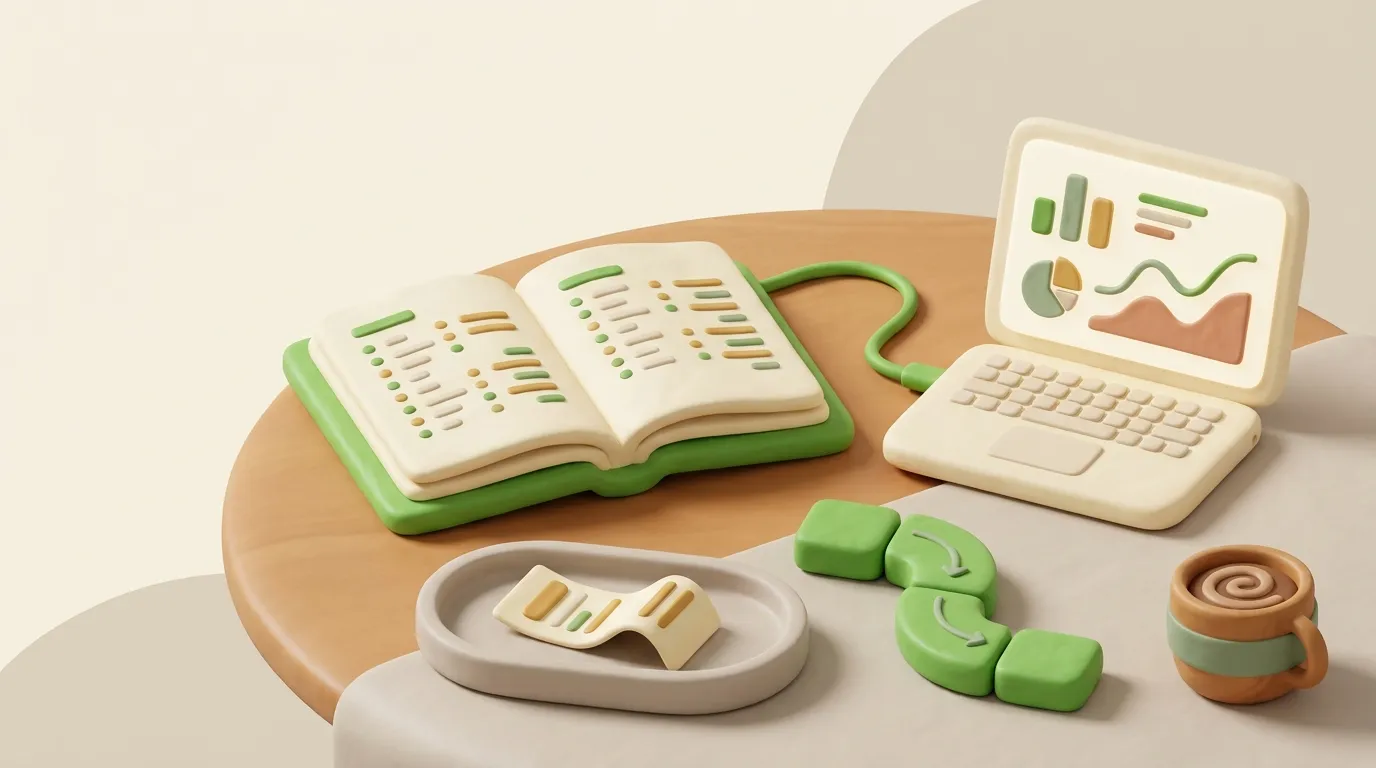 Un laptop di argilla collegato a un registro verde aperto, con una ricevuta in un vassoio di revisione e blocchi collegati che rappresentano la storia di Git.