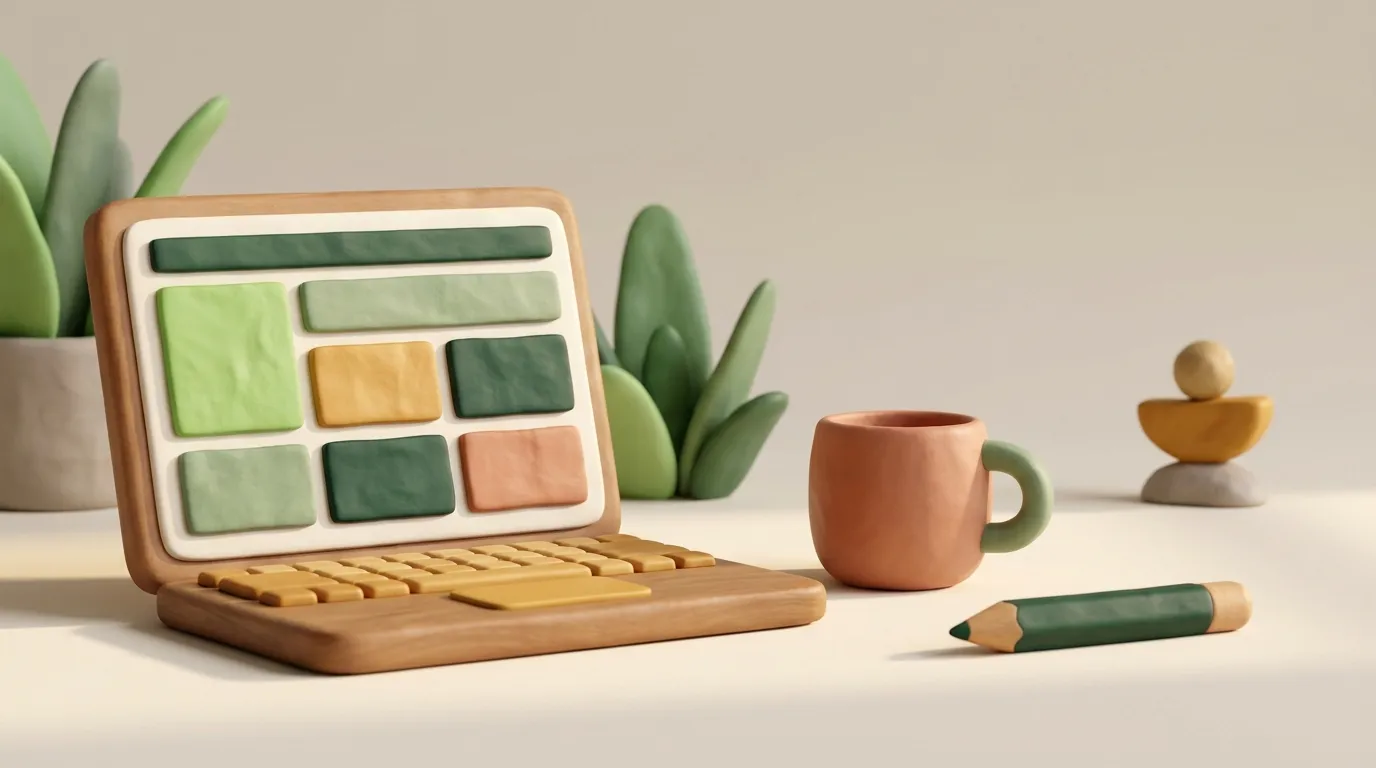 Laptop con una griglia di foglio di calcolo astratta accanto a una tazza di caffè e una matita.