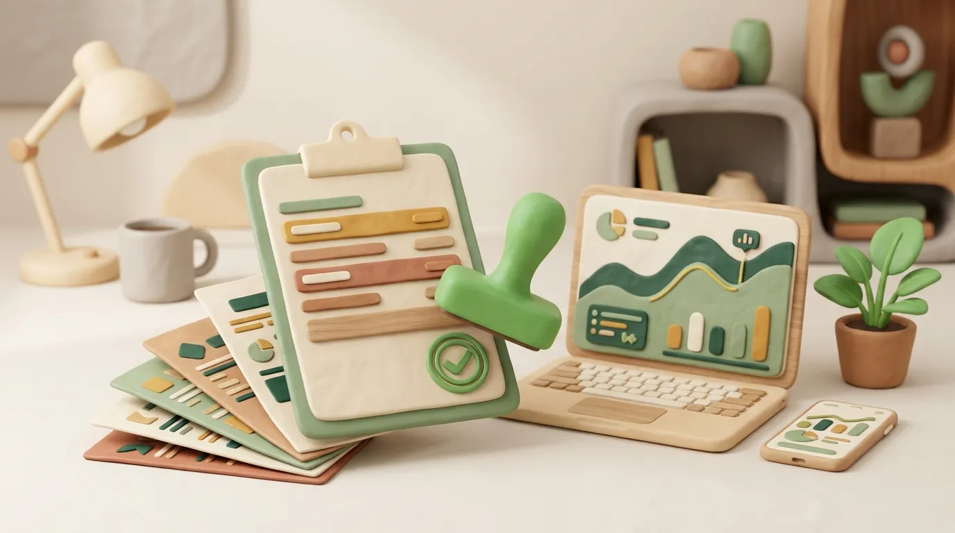 Clipboard with abstract expense rows, fanned receipts, and a green stamp.