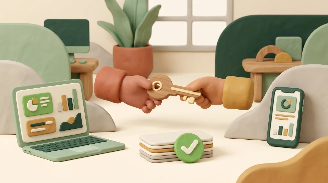 Mani che si scambiano una chiave su carte asset vuote e un gettone con segno di spunta verde.