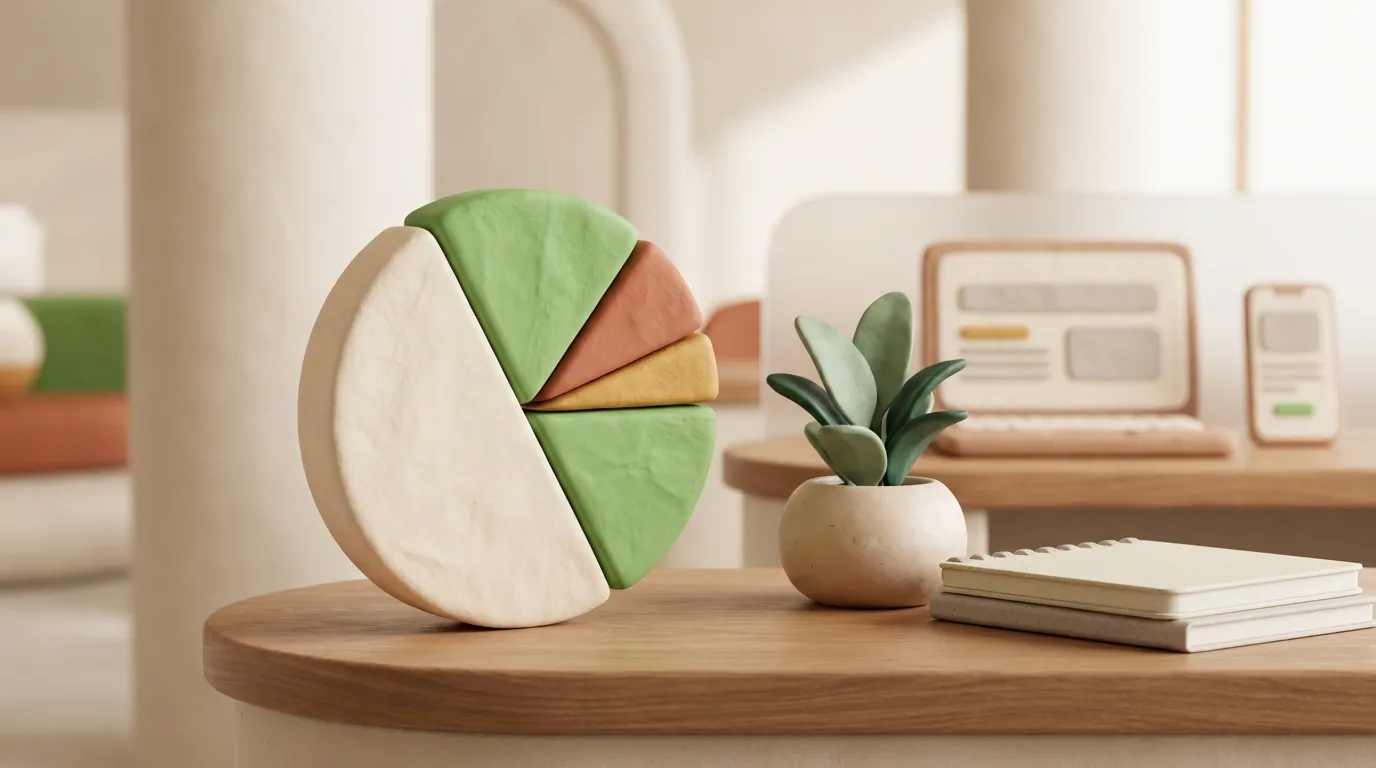 Soft clay pie chart beside a notebook and a small house plant.