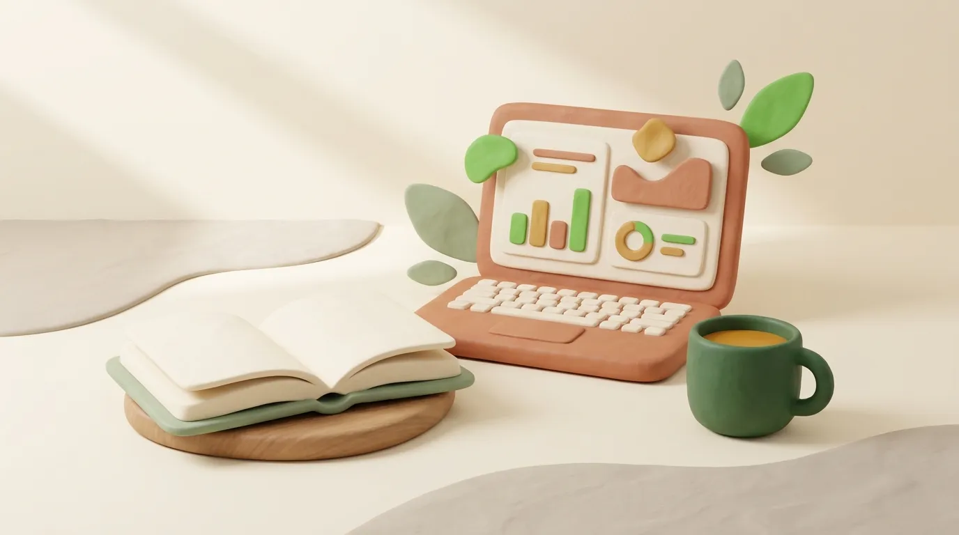 Laptop su una videochiamata accanto a un quaderno aperto e una tazza di caffè.