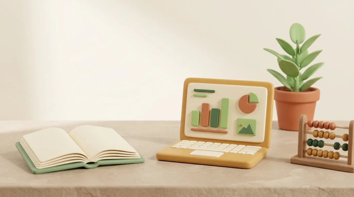 Libro mastro verde salvia aperto accanto a un laptop e un piccolo abaco.
