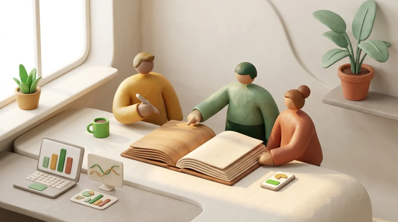 Tre figure stilizzate condividono un libro mastro sotto una calda luce della finestra.