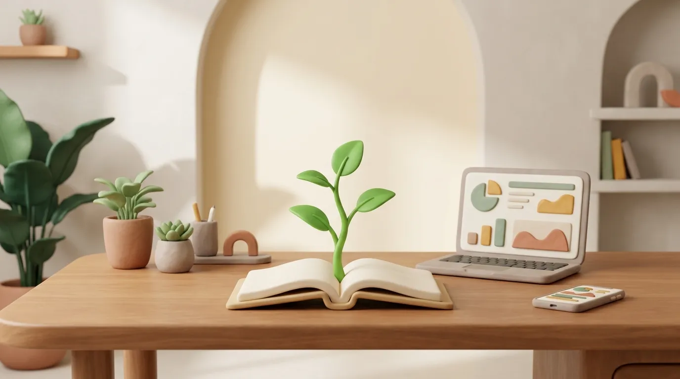 Lettera di sovvenzione aperta con un germoglio verde che spunta da pagine bianche.