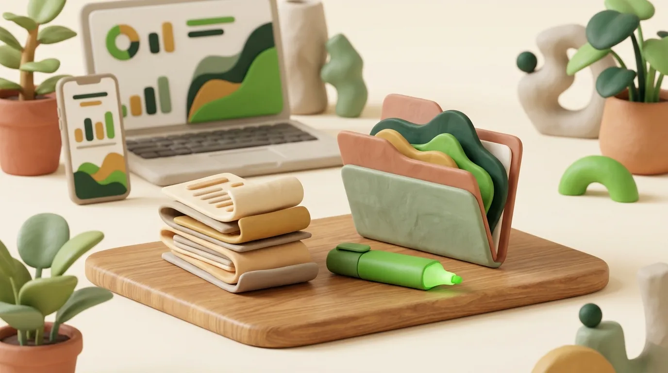 Pila di ricevute e un evidenziatore verde accanto a una cartella su una scrivania di legno.