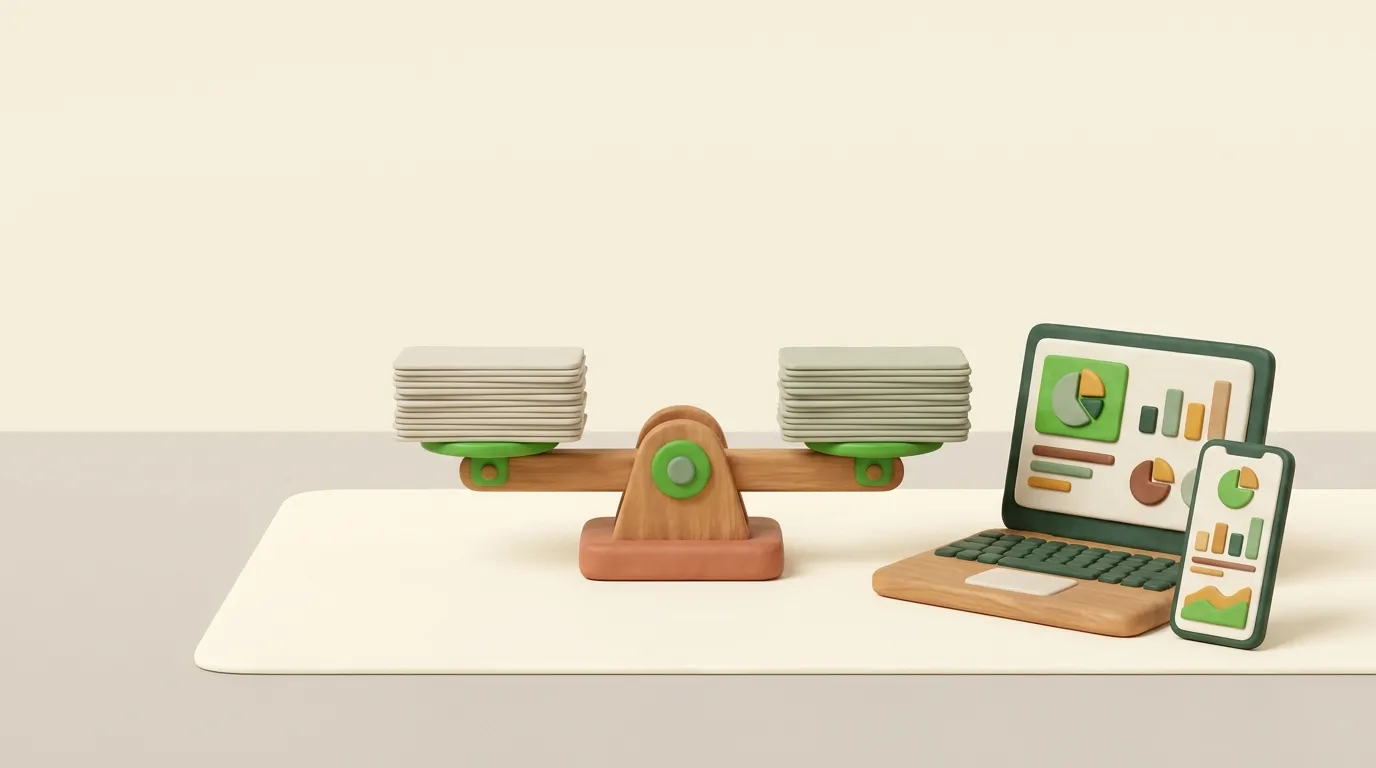 Level balance scale with equal stacks of blank ledger cards.