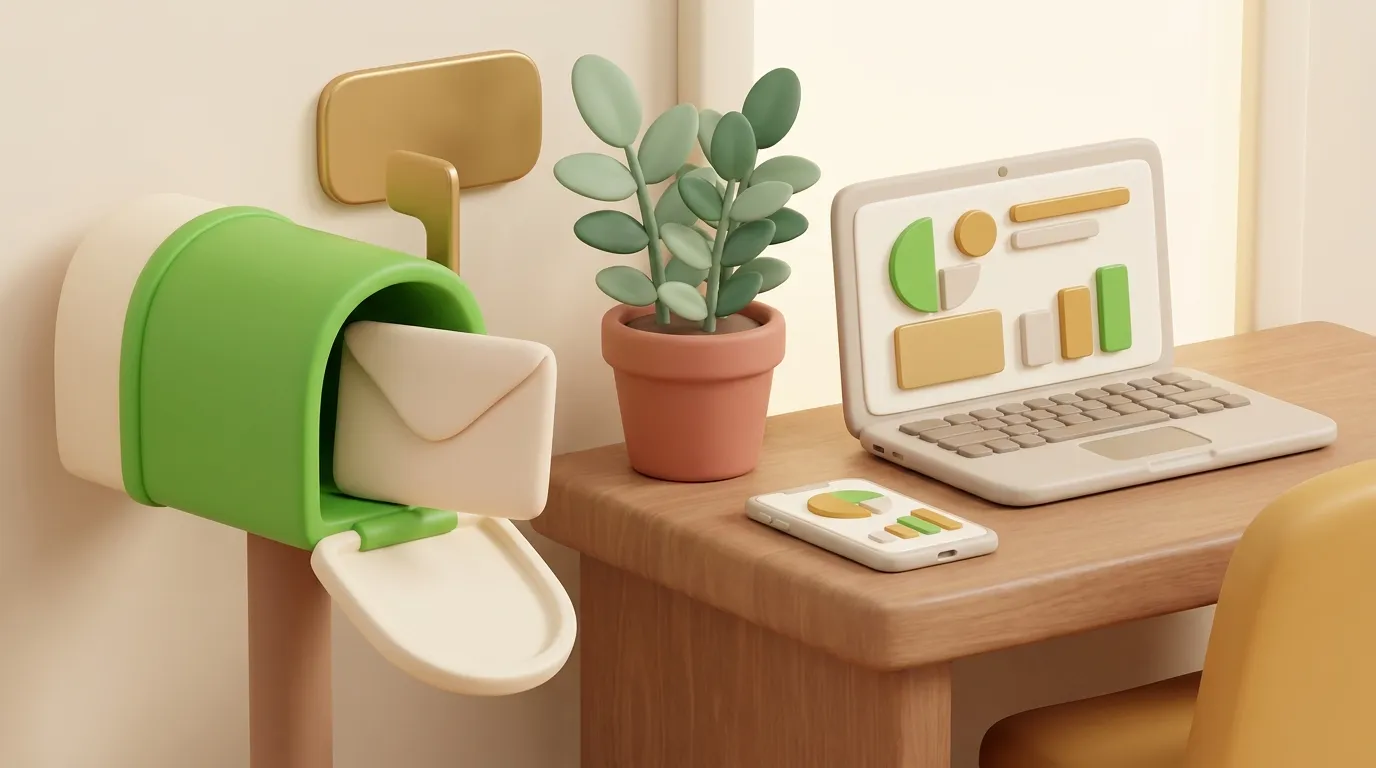 Mailbox with a blank envelope beside a brass plate and a desk plant.