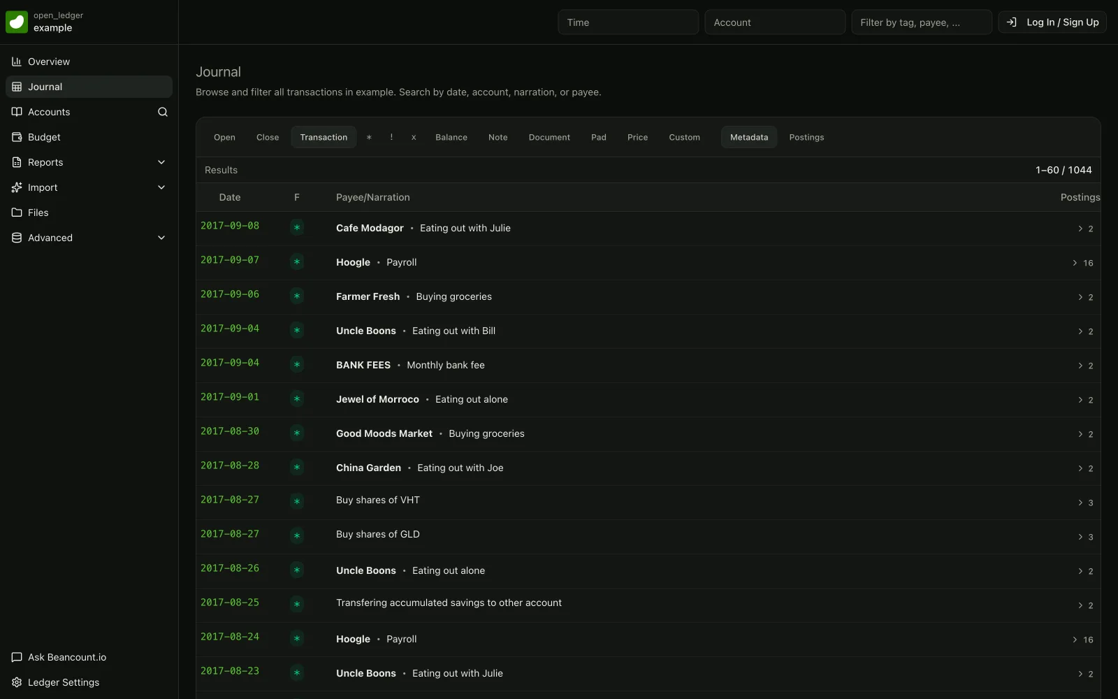 Home della dashboard di beancount.io con saldi contabili e grafici