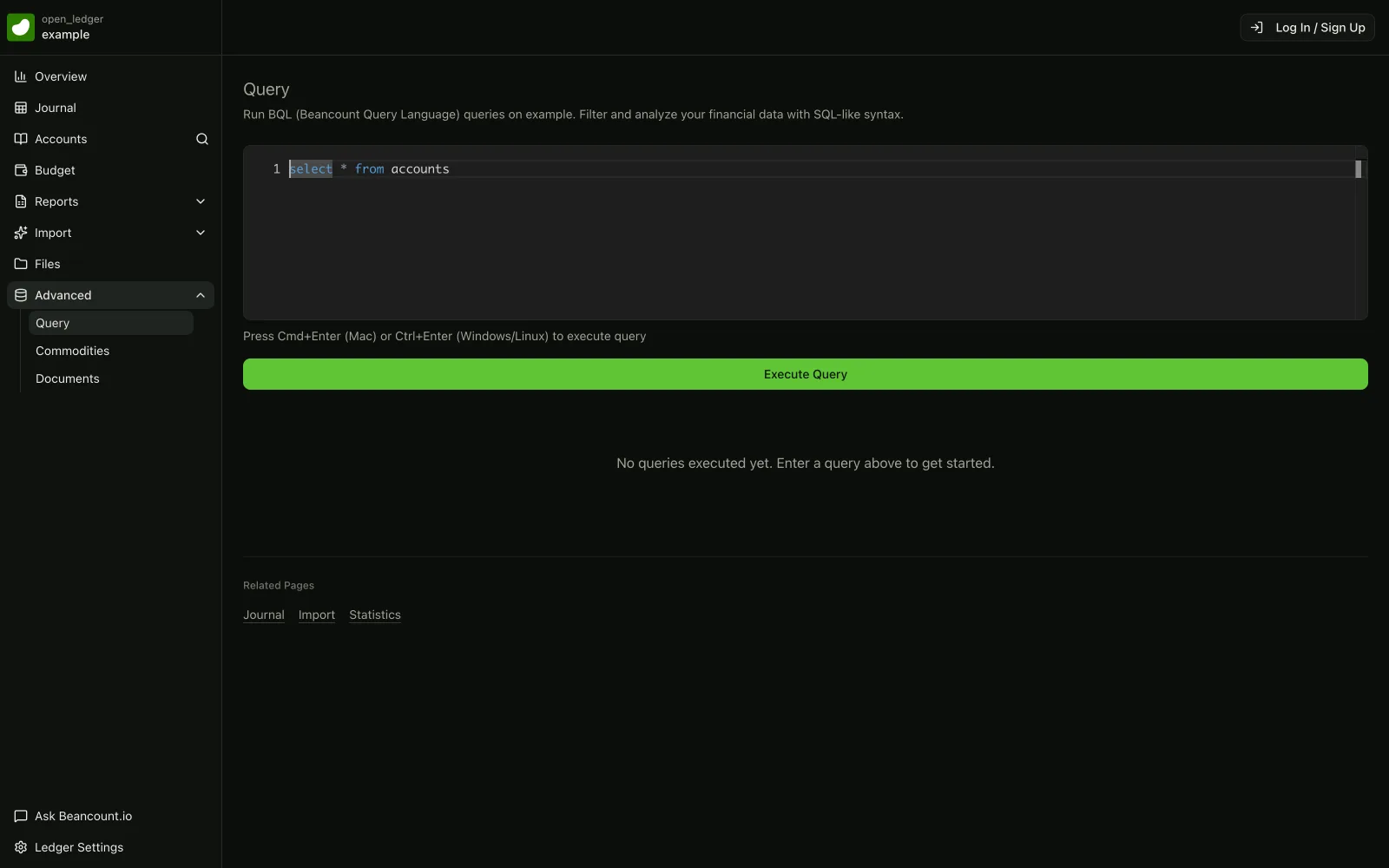 Console di query di Fava che esegue una query BQL sul registro