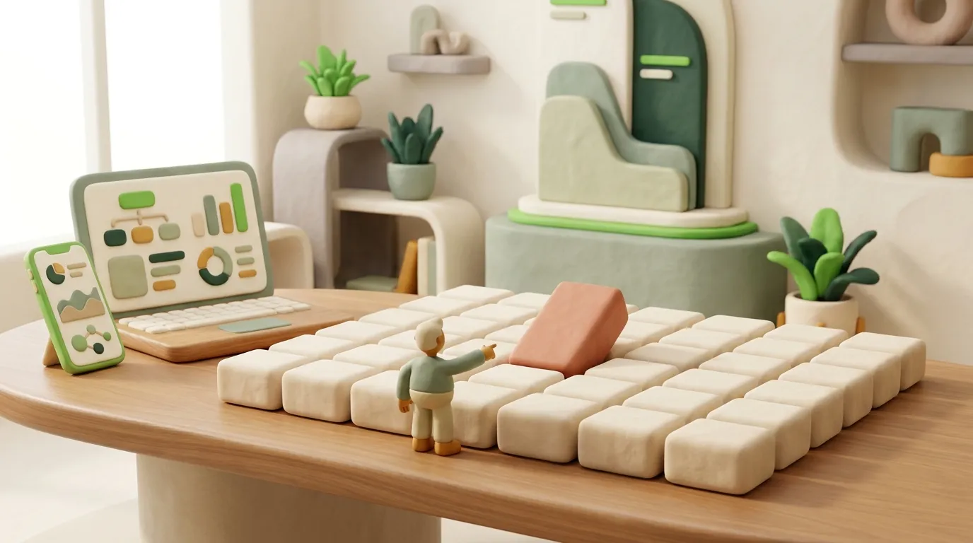 Minuscola figura di argilla che indica un blocco inclinato in una ordinata griglia di blocchi color crema.