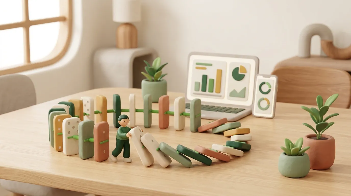 Catena di tessere del domino in argilla collegate su un tavolo, con una minuscola figura che rovescia la prima.