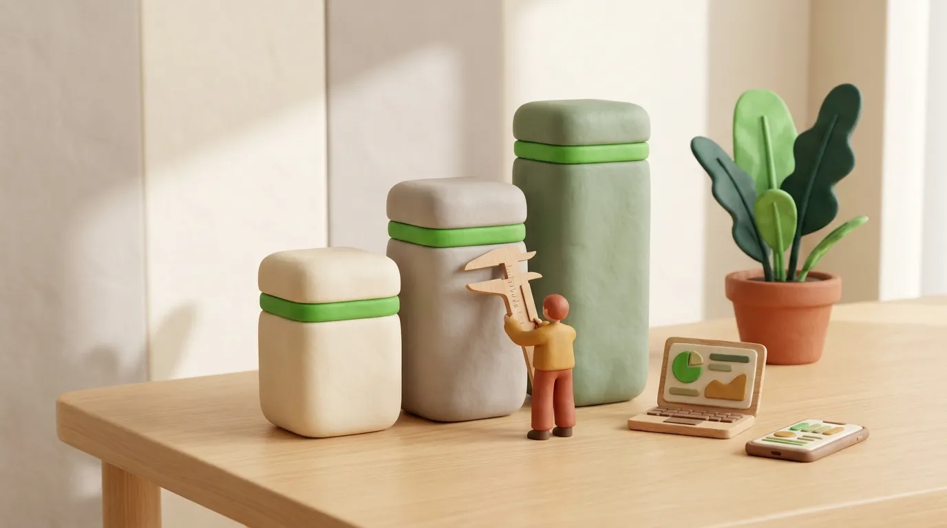 Three clay block towers with a tiny figure measuring one with calipers.