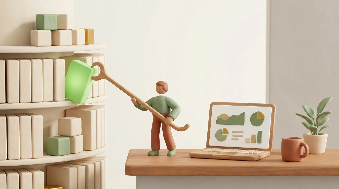Tiny clay figure hooking a green block out of a tall rack of cream blocks.