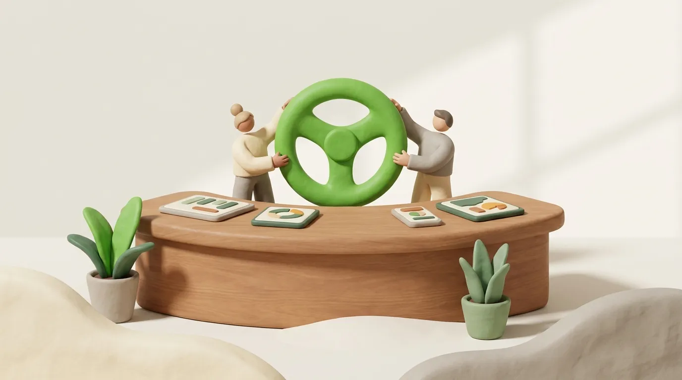 Due minuscole figure di argilla che girano insieme la stessa grande ruota verde da lati opposti.