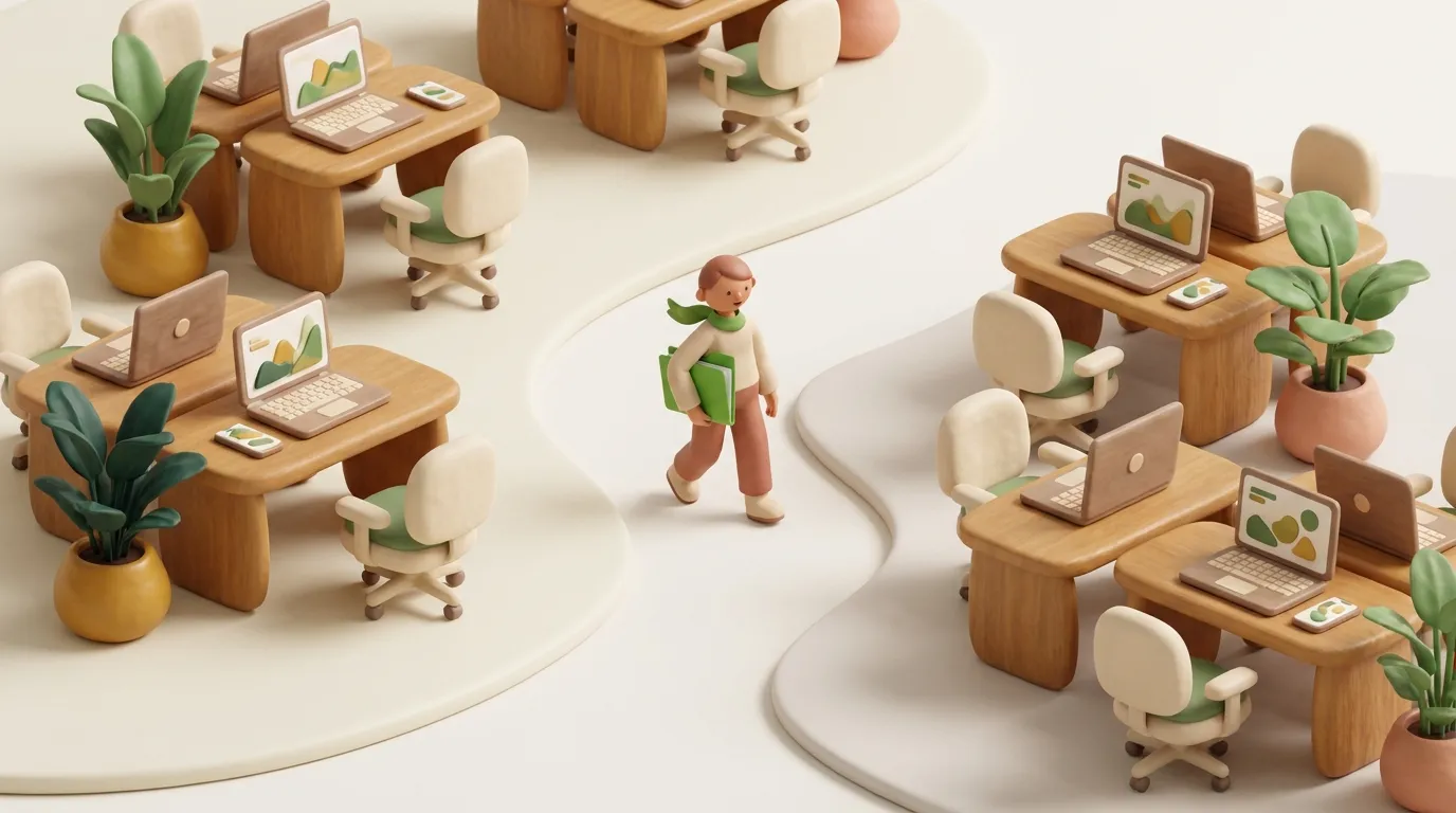 Ufficio in miniatura di argilla con una minuscola figura che porta una cartellina verde tra le scrivanie.