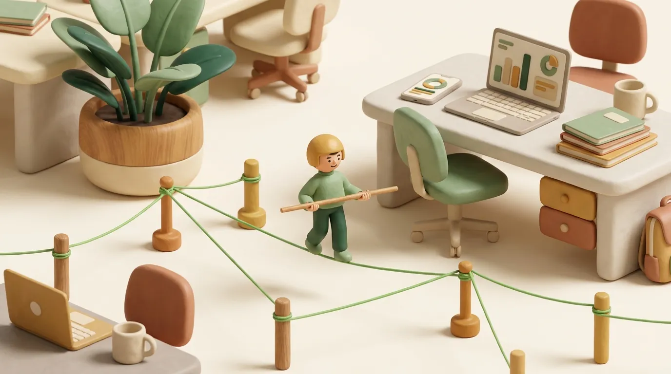 Minuscola figura di argilla che cammina in equilibrio su un filo verde in una ragnatela di argilla.