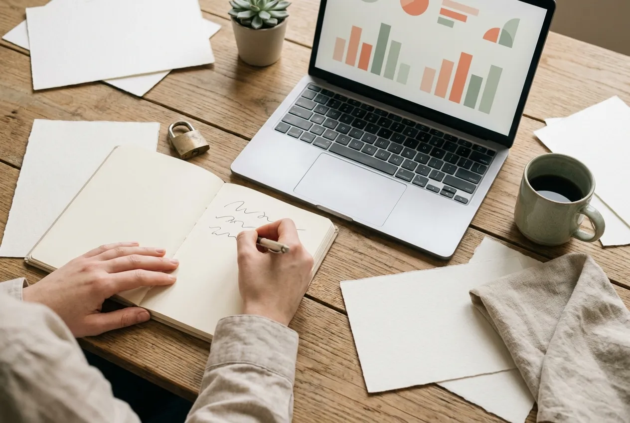 Mani che scrivono su un registro cartaceo accanto a un laptop che mostra grafici astratti senza parole, con un piccolo lucchetto in ottone appoggiato sulla scrivania di legno