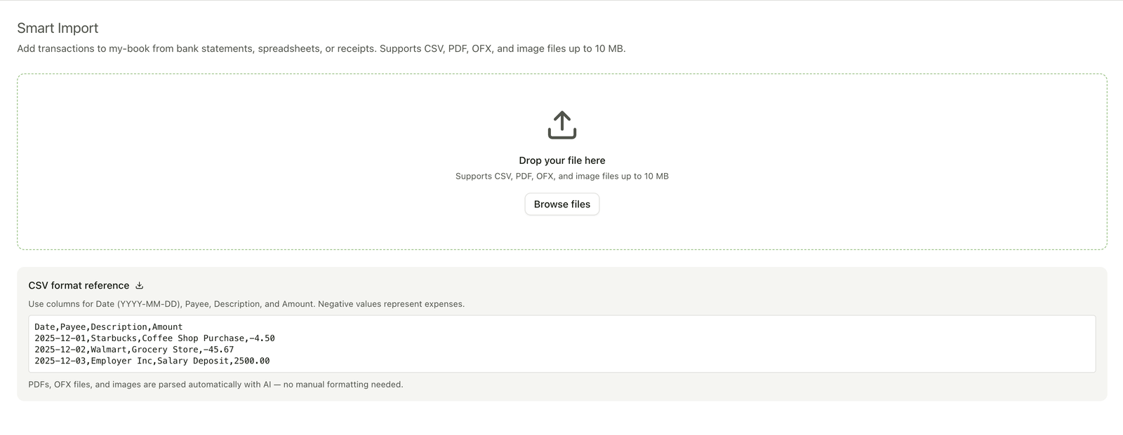 Schermata di caricamento di Smart Import con un'area di rilascio che accetta file CSV, PDF, OFX e immagini fino a 10 MB.
