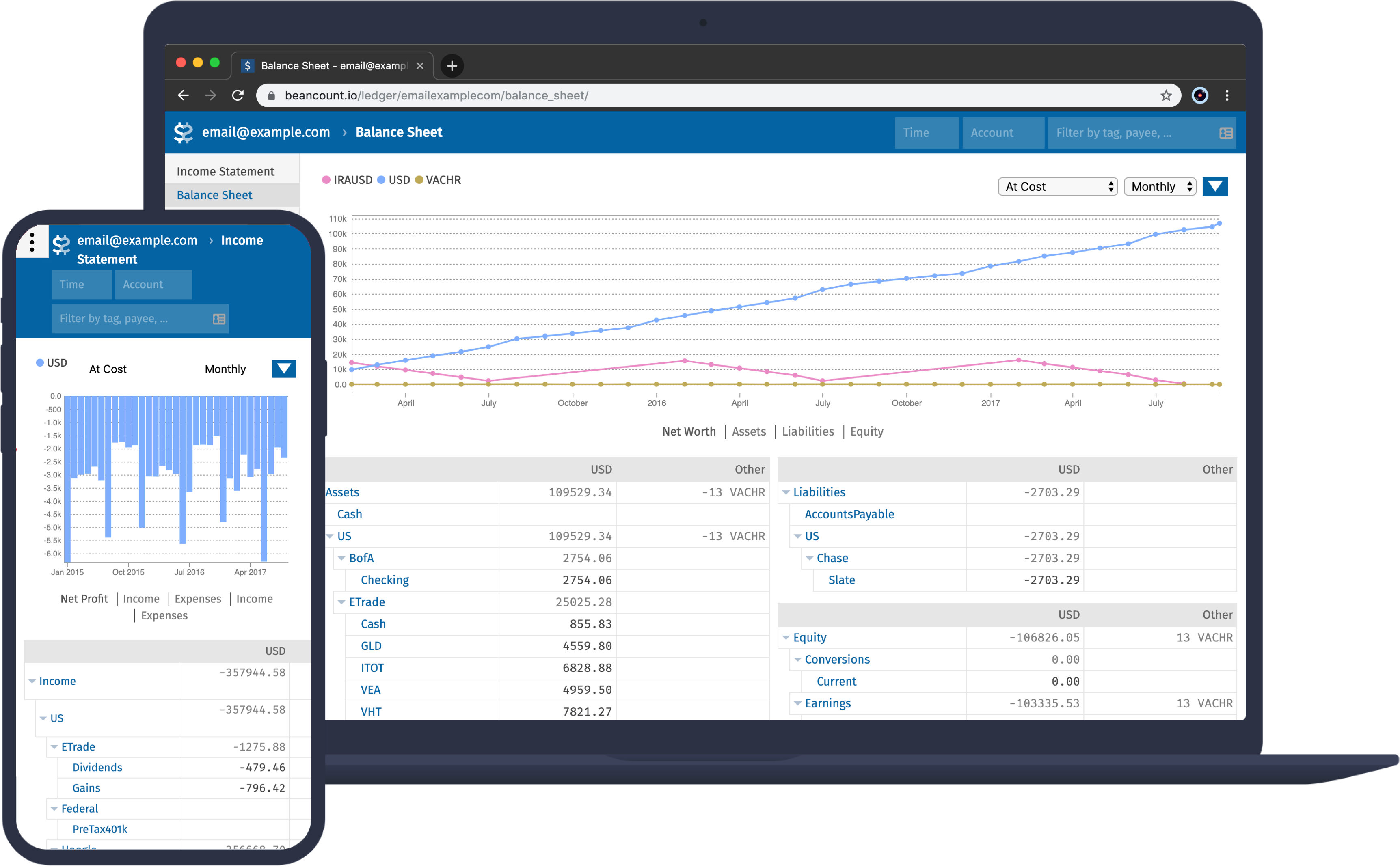 Beancount.io 界面显示桌面和移动端纯文本记账软件视图